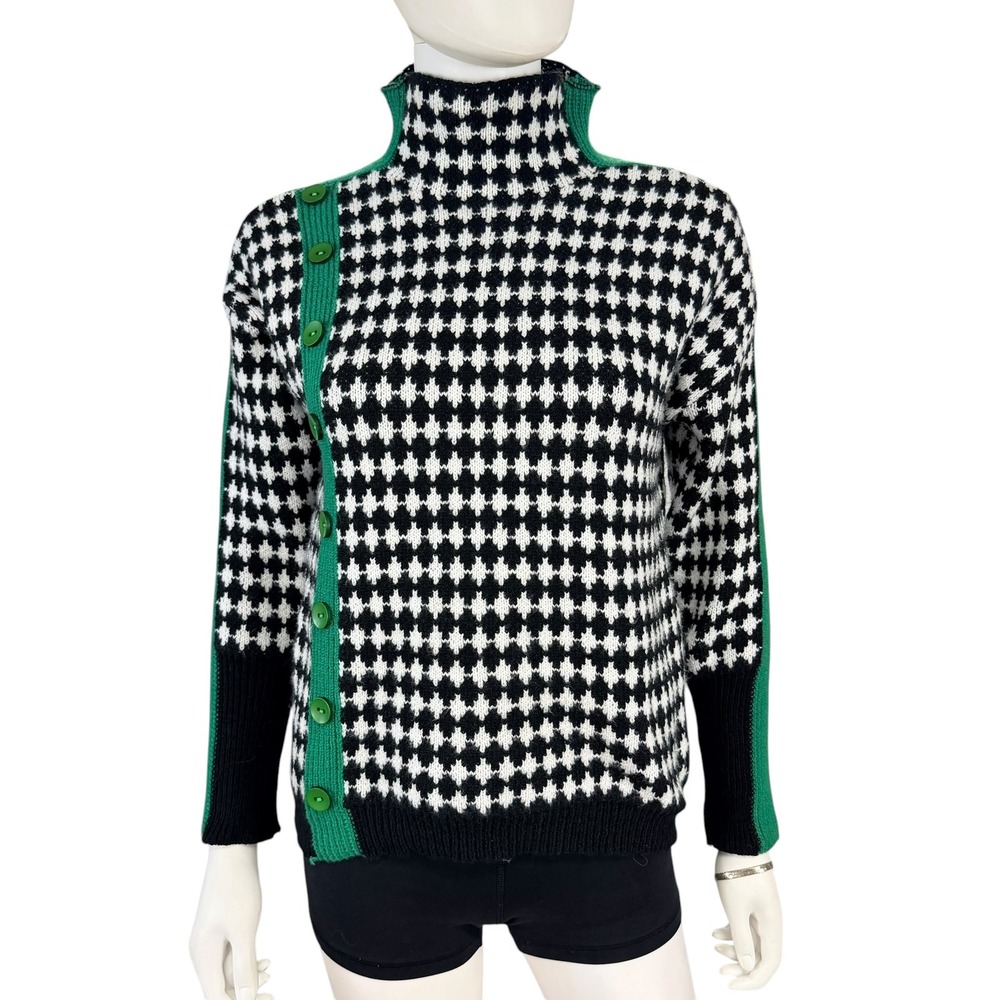 Women's Houndstooth Mock Neck Button Cardigan Sweater Asymmetrical Preppy  S